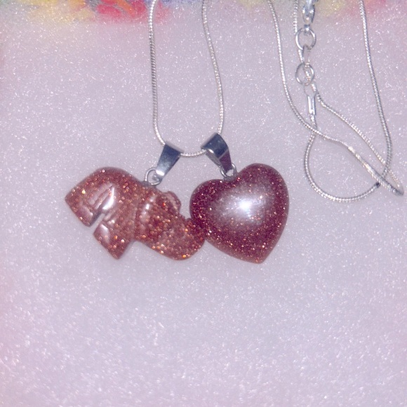 Boho Hippie Goldstone Crystal heart & Goldstone Elephant 🐘 16” Silver … - Picture 2 of 6